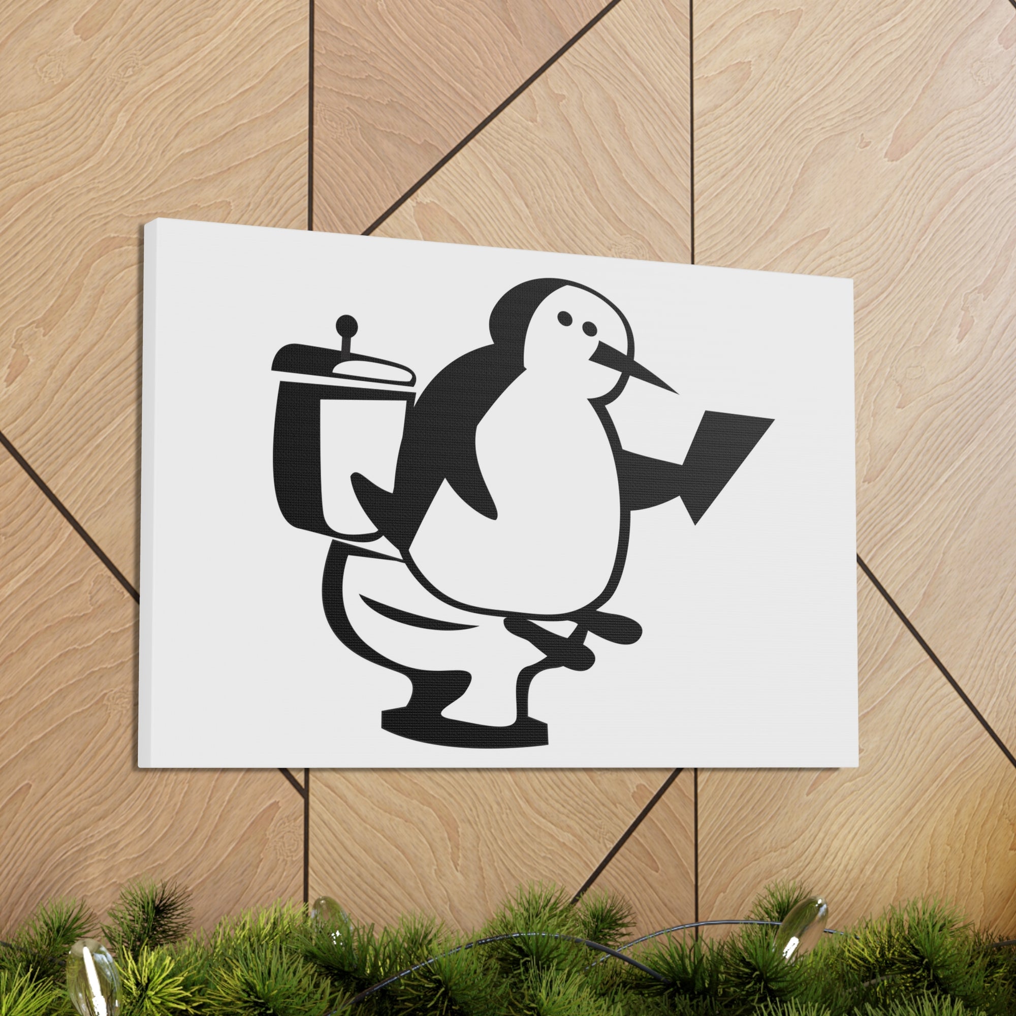 Cartoon Penguin Reading Newspaper On Toilet Funny Canvas Wall Art for Home Decor Ready-to-Hand-Express Your Love Gifts