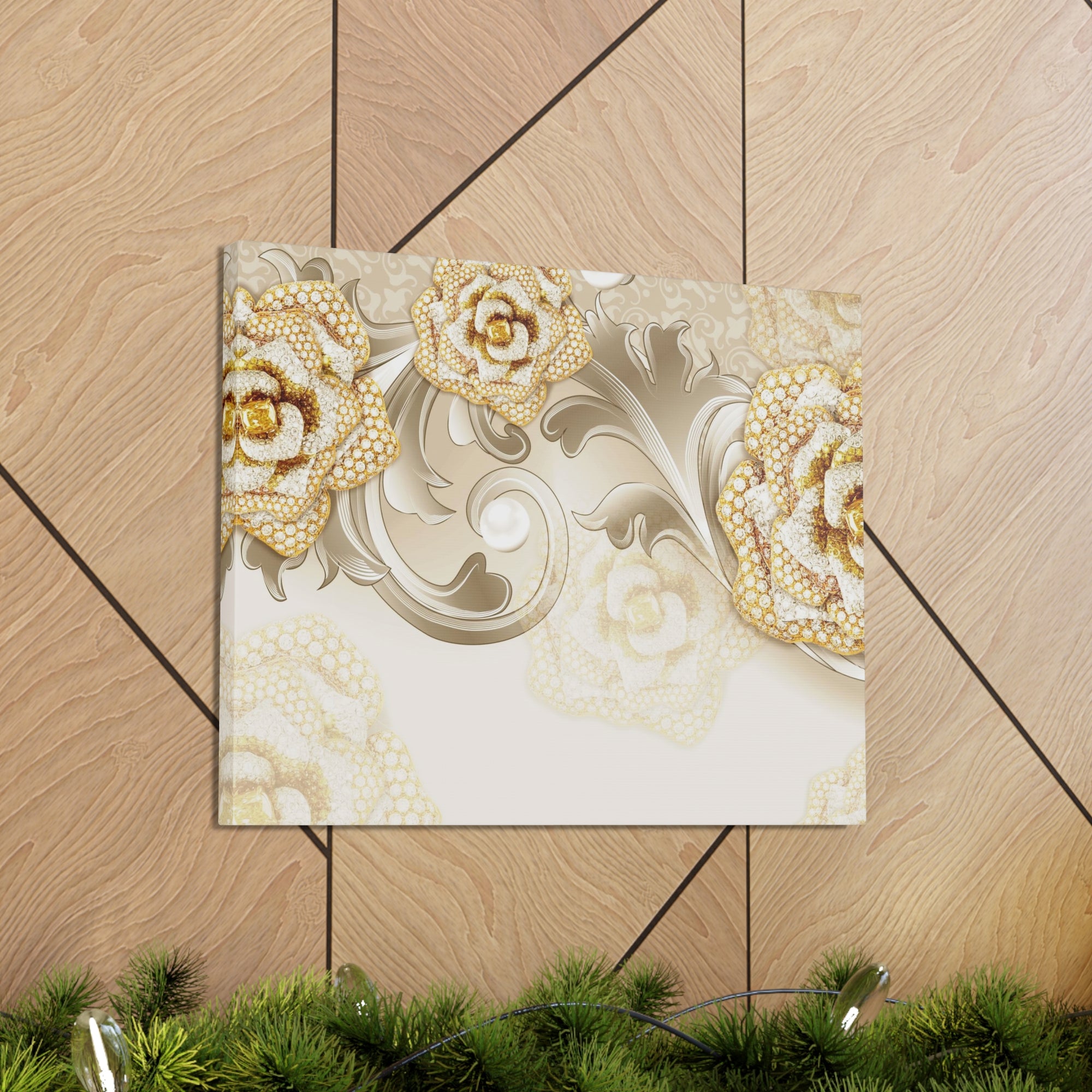 3D Gold And Gray Floral Flower Canvas Wall Art for Home Decor Ready-to-Hang-Express Your Love Gifts