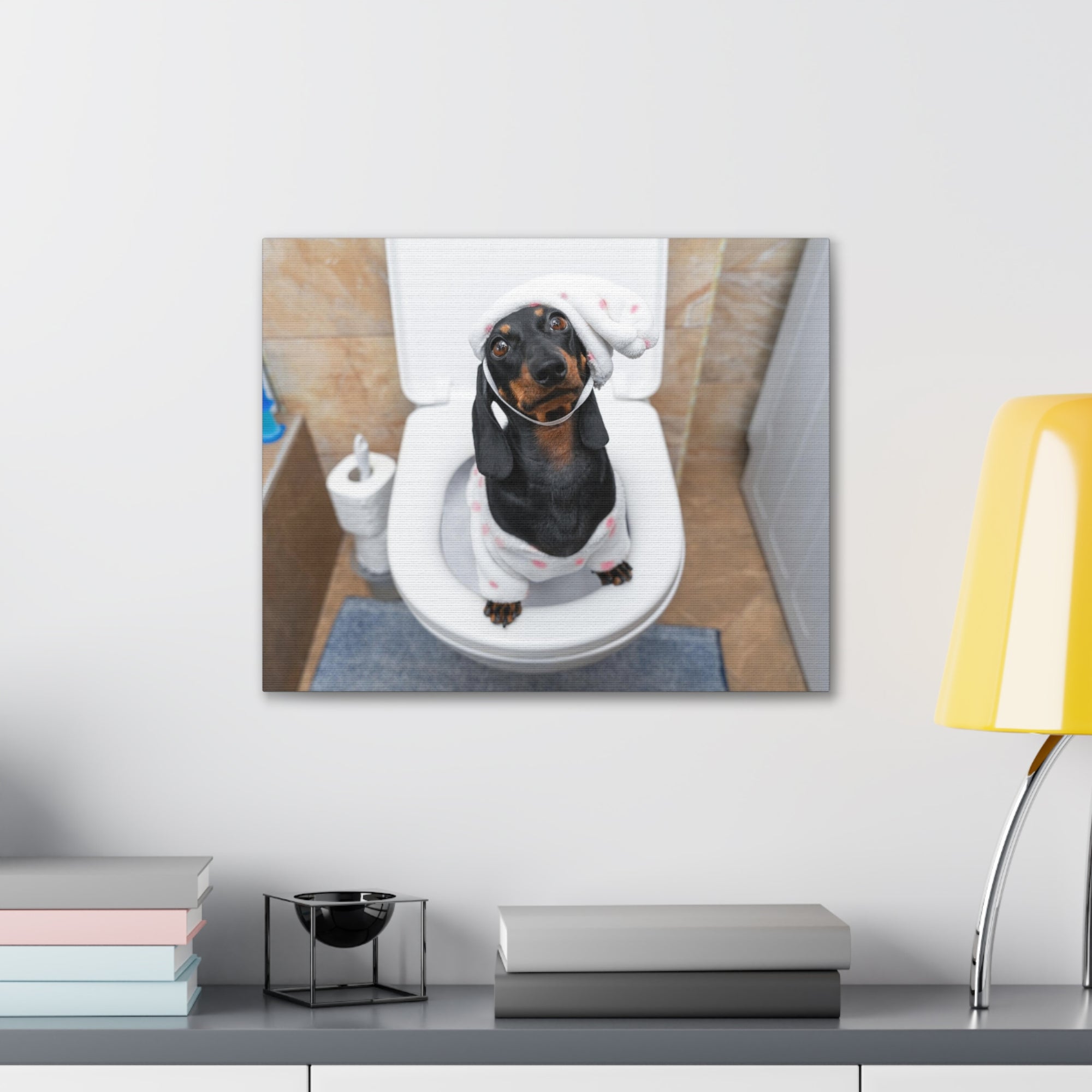 Dachshund Toilet Training In Pajamas On Toilet Funny Canvas Wall Art for Home Decor Ready-to-Hand-Express Your Love Gifts