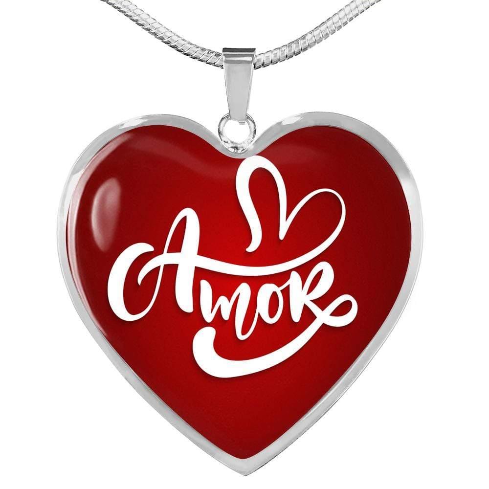 Amor Spanish Love Message Necklace Stainless Steel or 18k Gold Heart Pendant 18-22" - Express Your Love Gifts