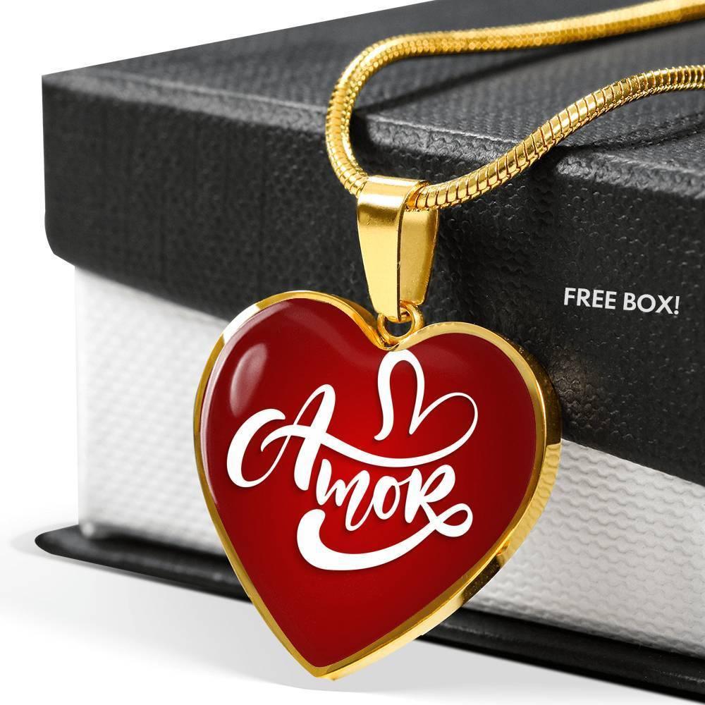 Amor Spanish Love Message Necklace Stainless Steel or 18k Gold Heart Pendant 18-22" - Express Your Love Gifts