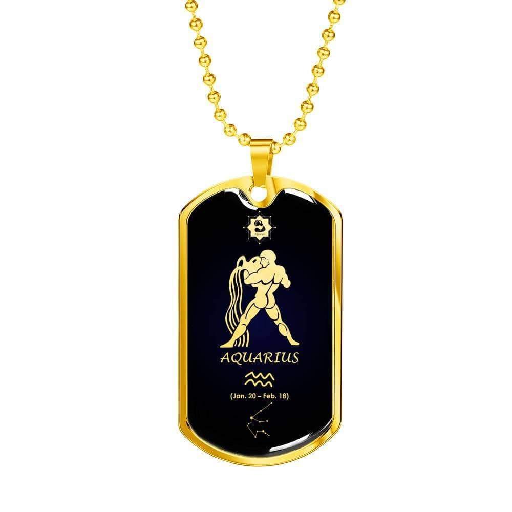 Aquarius Constellation Horoscope Zodiac Necklace 18k Gold Stainless Steel Dog Tag 24"-Express Your Love Gifts