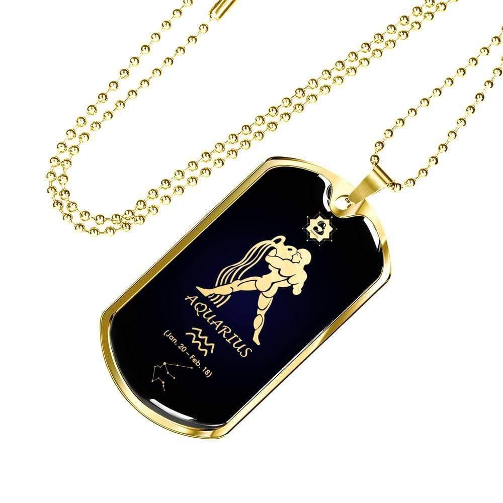 Aquarius Constellation Horoscope Zodiac Necklace 18k Gold Stainless Steel Dog Tag 24"-Express Your Love Gifts