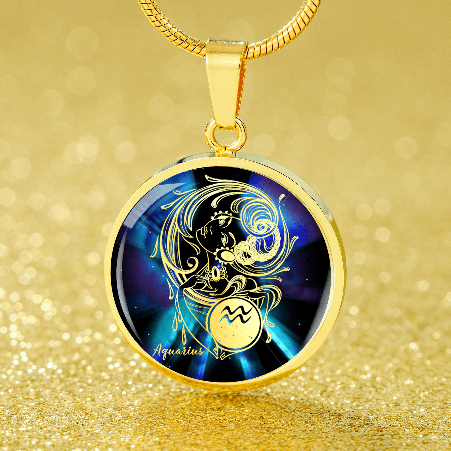 Aquarius Purple Galaxy Zodiac Necklace Stainless Steel or 18k Gold Circle Pendant-Express Your Love Gifts