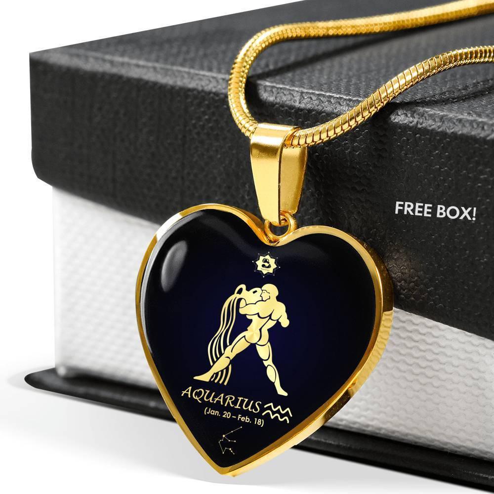 Aquarius Sign Zodiac Necklace 18k Gold Stainless Steel Heart 18-22"-Express Your Love Gifts