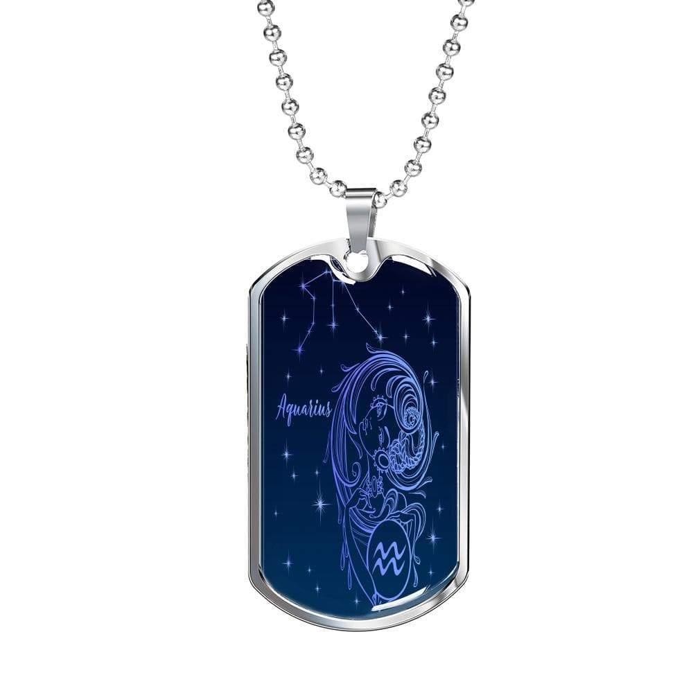 Aquarius Zodiac Queen Constellation Necklace Dog Tag Stainless Steel or 18k Gold 24" Chain - Express Your Love Gifts