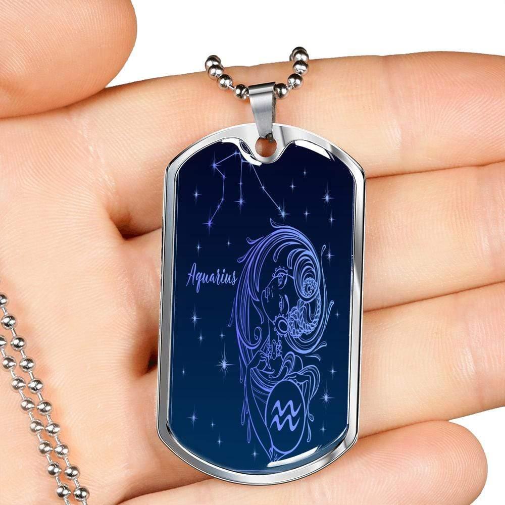 Aquarius Zodiac Queen Constellation Necklace Dog Tag Stainless Steel or 18k Gold 24" Chain - Express Your Love Gifts