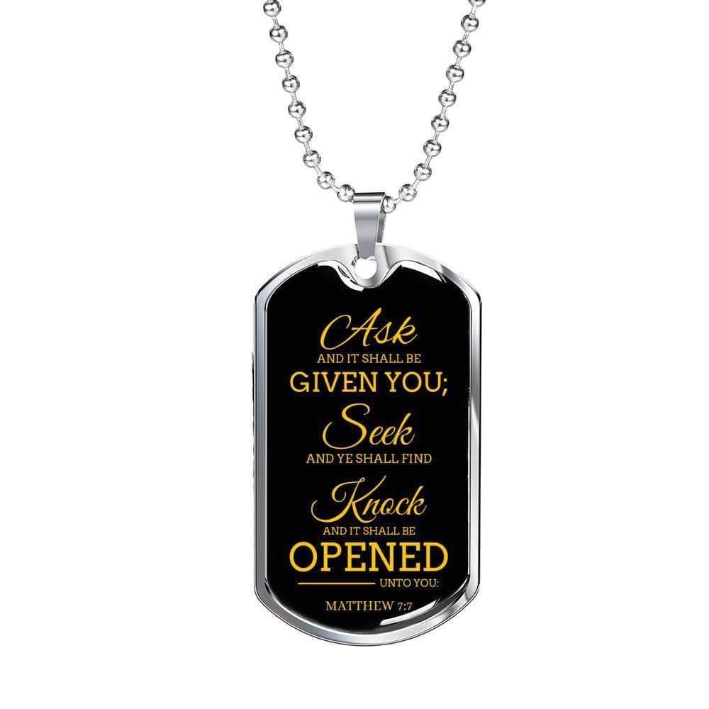 Ask Seek Knock Matthew Necklace Stainless Steel or 18k Gold Dog Tag 24" Chain-Express Your Love Gifts