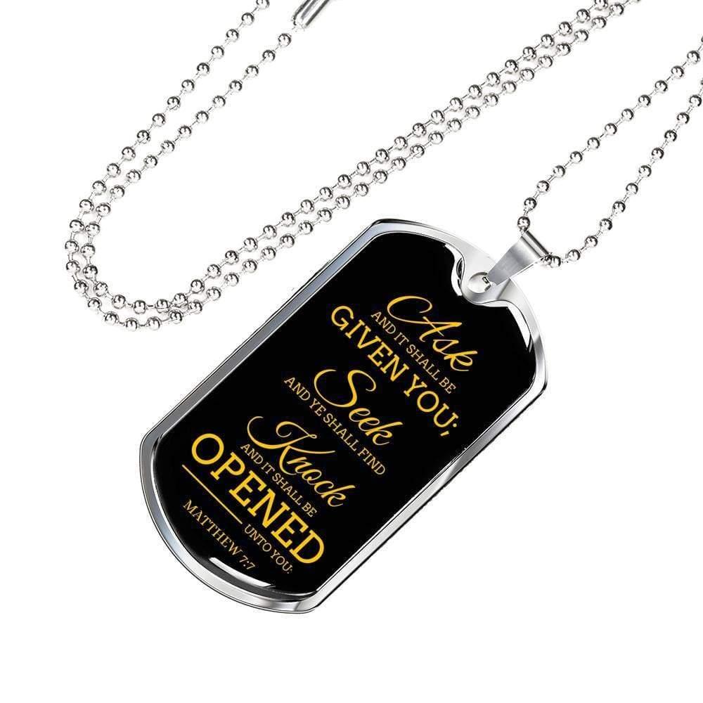 Ask Seek Knock Matthew Necklace Stainless Steel or 18k Gold Dog Tag 24" Chain-Express Your Love Gifts