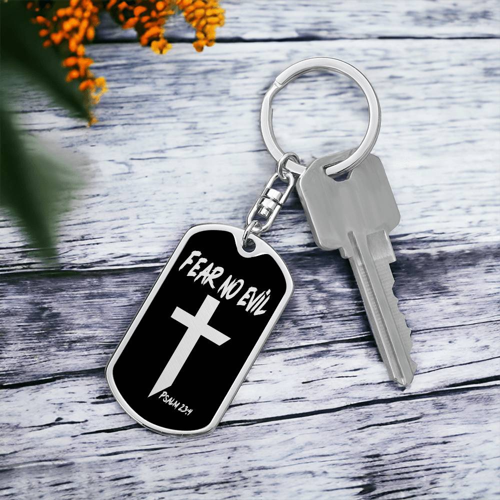 Fear No Evil Psalm 23:4 Bible Keychain Stainless Steel or 18k Gold Dog Tag-Express Your Love Gifts