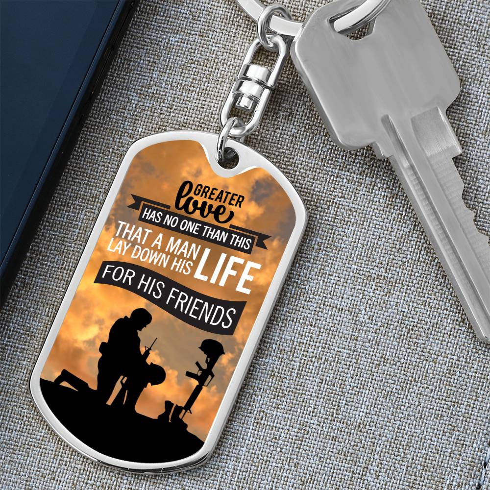 No Greater Love John 15:13 Soldier Kneeling Keychain Stainless Steel or 18k Gold Dog Tag Keyring-Express Your Love Gifts