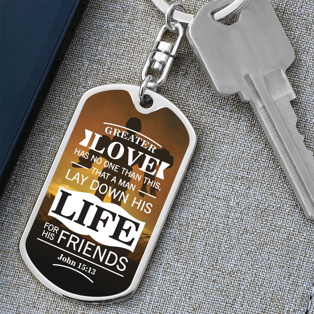 No Greater John 15:13 Soldier Keychain Stainless Steel or 18k Gold Dog Tag Keyring-Express Your Love Gifts