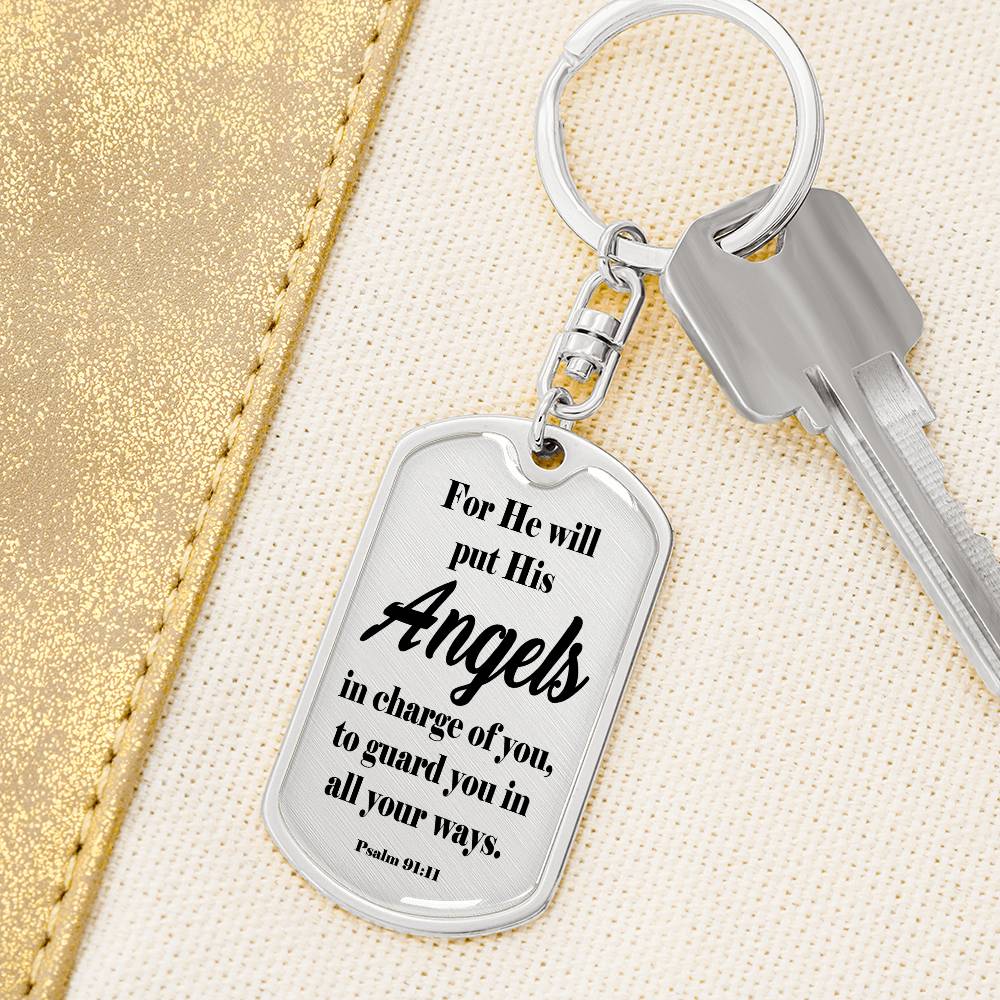Angels Protect Psalm 91:11 Swivel Keychain Stainless Steel or 18k Gold Dog Tag-Express Your Love Gifts
