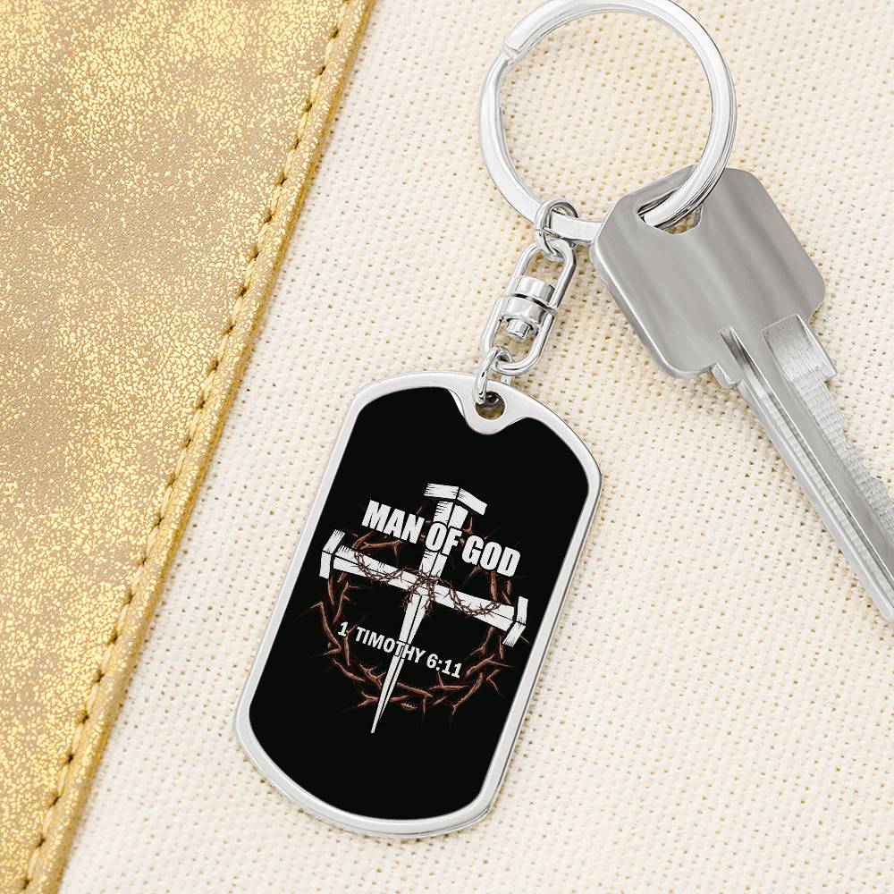 Man of God Cross Timothy Bible Keychain Stainless Steel or 18k Gold Dog Tag-Express Your Love Gifts