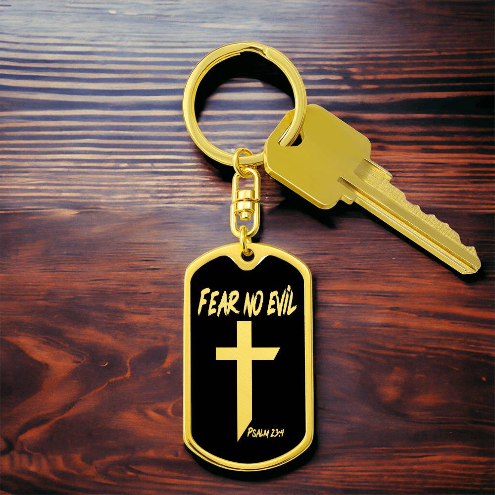 Fear No Evil Psalm 23:4 Bible Keychain Stainless Steel or 18k Gold Dog Tag-Express Your Love Gifts