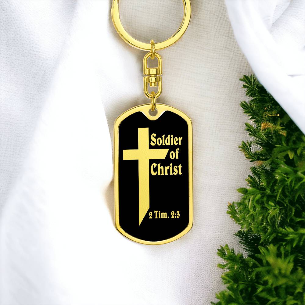 Soldier of Christ 2 Tim 2:3 Bible Keychain Stainless Steel or 18k Gold Dog Tag-Express Your Love Gifts