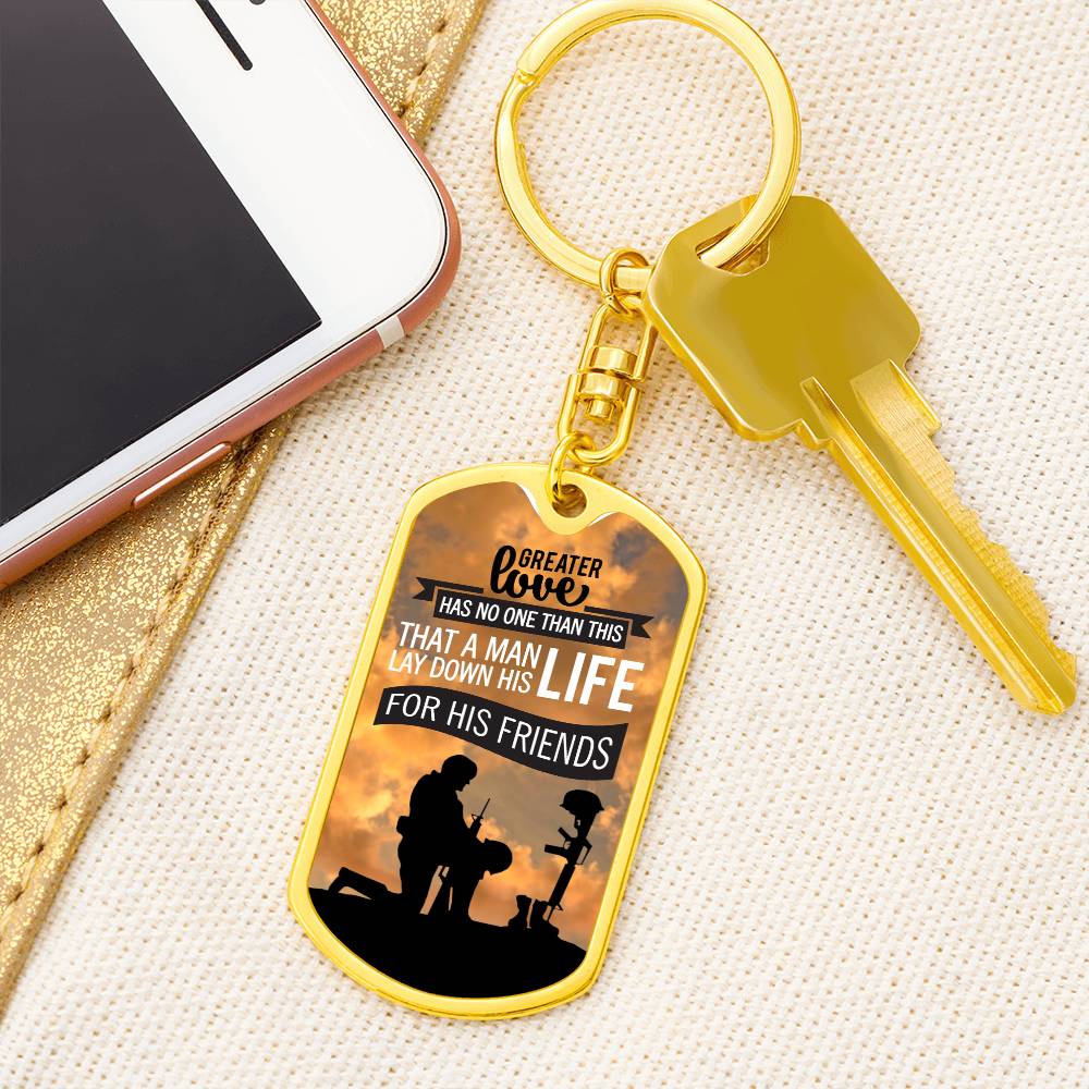 No Greater Love John 15:13 Soldier Kneeling Keychain Stainless Steel or 18k Gold Dog Tag Keyring-Express Your Love Gifts