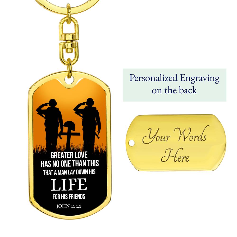 John 15:13 Scripture No Greater Love Keychain Stainless Steel or 18k Gold Dog Tag Keyring-Express Your Love Gifts