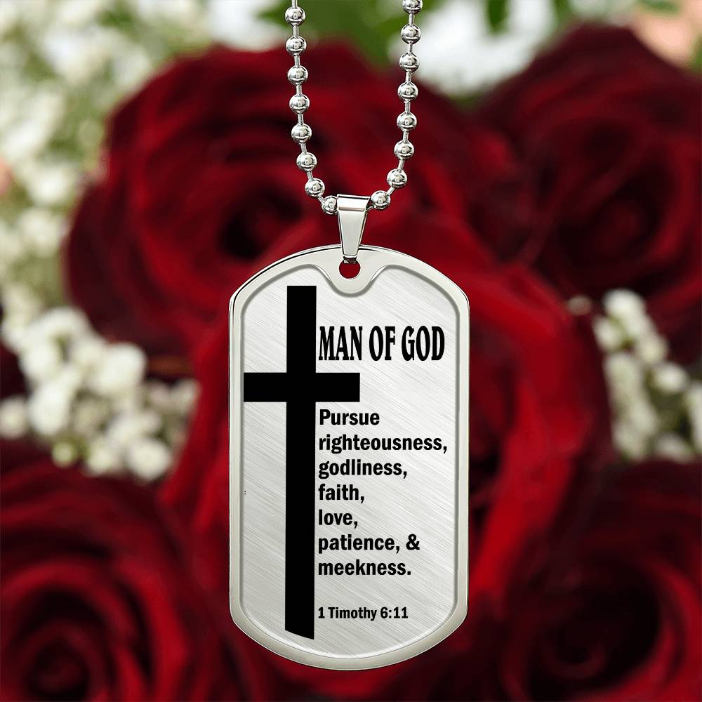 Man of God Pursuing 1 Timothy 6.11 Necklace Dog Tag Stainless Steel or 18k Gold w 24" Chain-Express Your Love Gifts