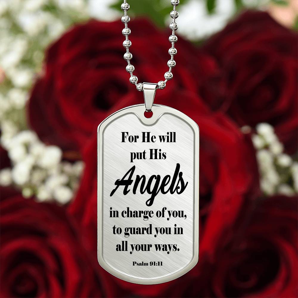 Angels Protect Psalm 91:11 Necklace Dog Tag Stainless Steel or 18k Gold w 24" Chain-Express Your Love Gifts