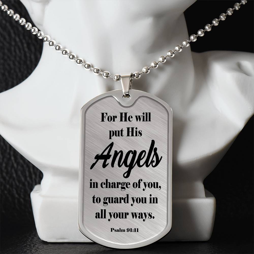 Angels Protect Psalm 91:11 Necklace Dog Tag Stainless Steel or 18k Gold w 24" Chain-Express Your Love Gifts