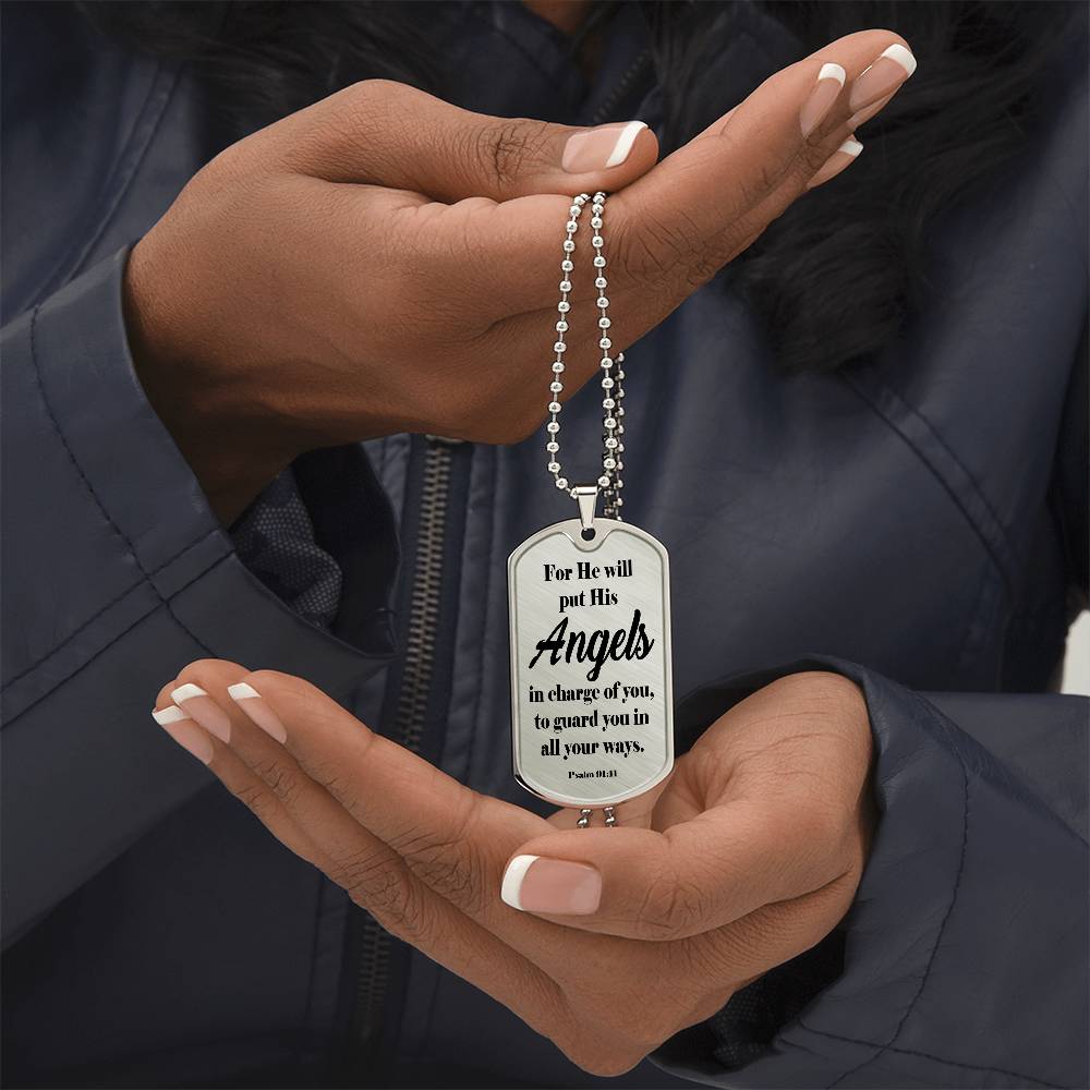 Angels Protect Psalm 91:11 Necklace Dog Tag Stainless Steel or 18k Gold w 24" Chain-Express Your Love Gifts