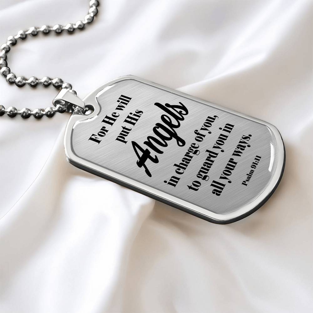 Angels Protect Psalm 91:11 Necklace Dog Tag Stainless Steel or 18k Gold w 24" Chain-Express Your Love Gifts