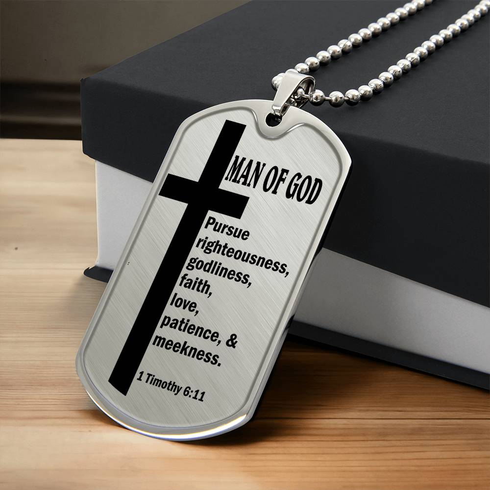 Man of God Pursuing 1 Timothy 6.11 Necklace Dog Tag Stainless Steel or 18k Gold w 24" Chain-Express Your Love Gifts