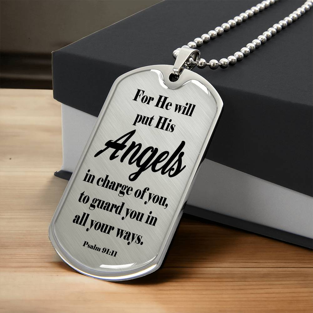 Angels Protect Psalm 91:11 Necklace Dog Tag Stainless Steel or 18k Gold w 24" Chain-Express Your Love Gifts