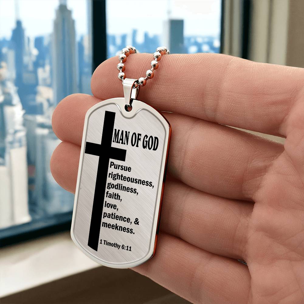 Man of God Pursuing 1 Timothy 6.11 Necklace Dog Tag Stainless Steel or 18k Gold w 24" Chain-Express Your Love Gifts