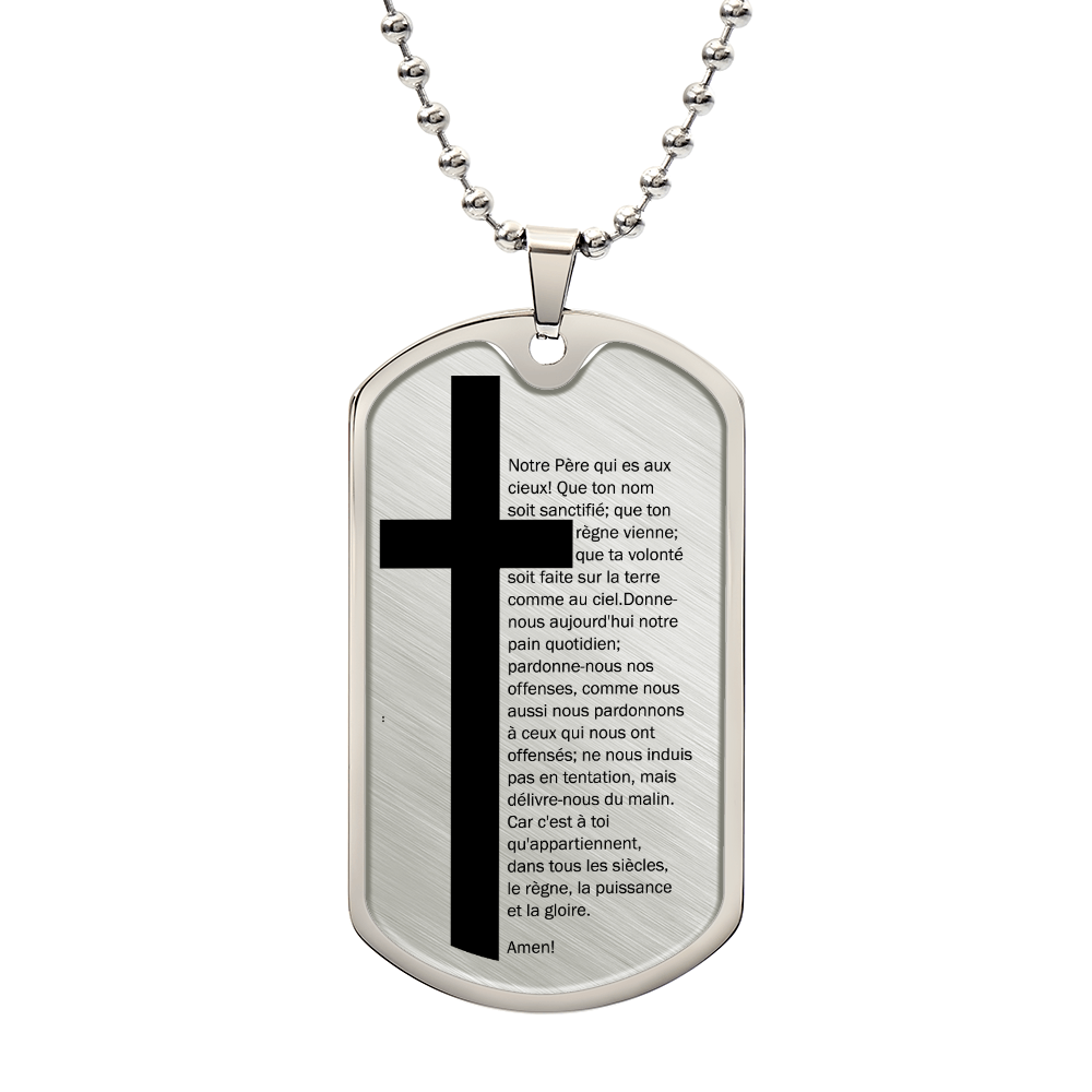 Lord's Prayer French Notre Père Necklace Dog Tag Stainless Steel or 18k Gold w 24" Chain-Express Your Love Gifts