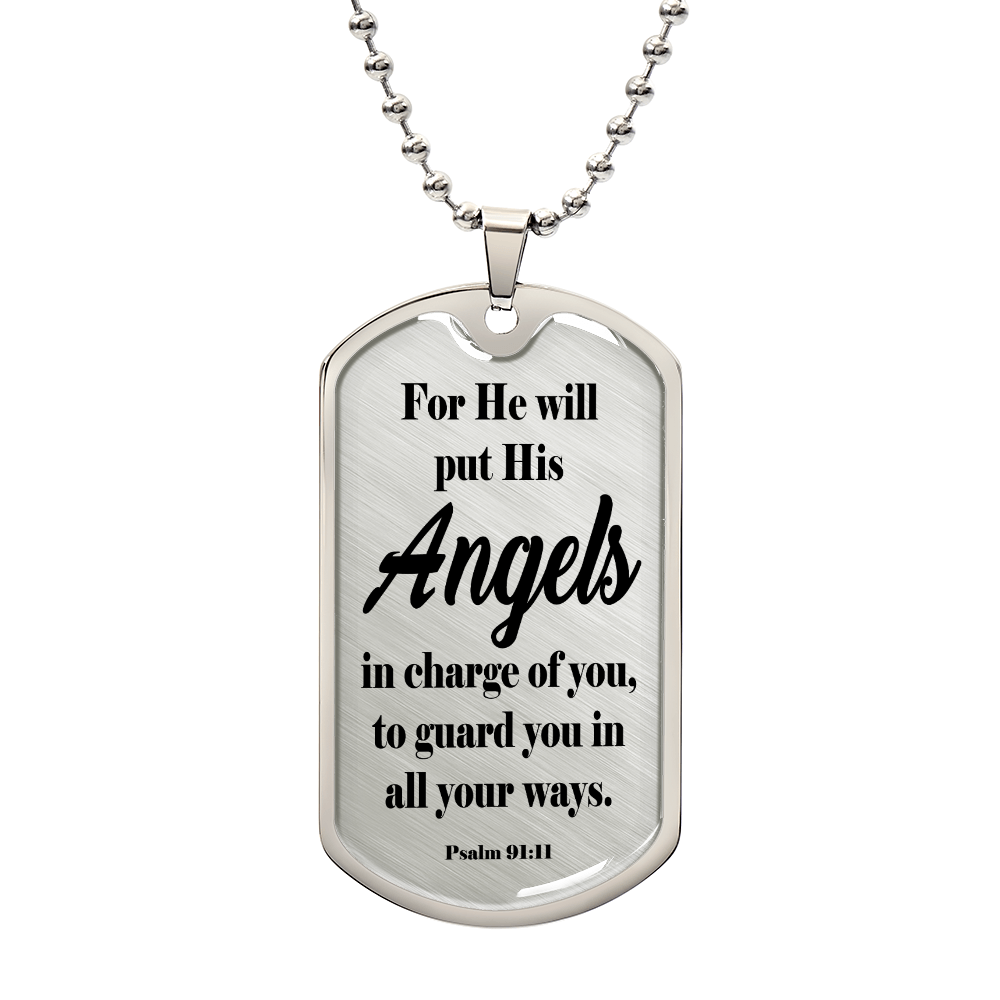 Angels Protect Psalm 91:11 Necklace Dog Tag Stainless Steel or 18k Gold w 24" Chain-Express Your Love Gifts