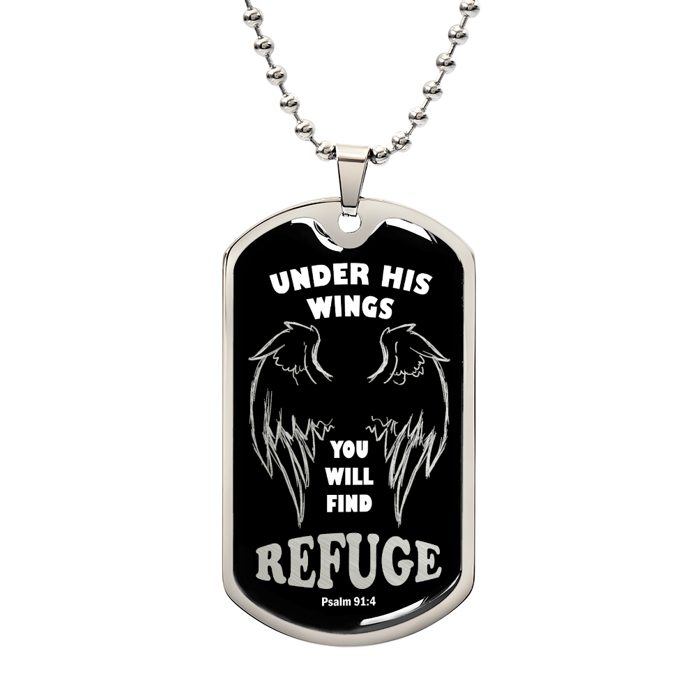 Psalm 91 Refuge Under His Wings Necklace Dog Tag Stainless Steel or 18k Gold w 24" Chain-Express Your Love Gifts