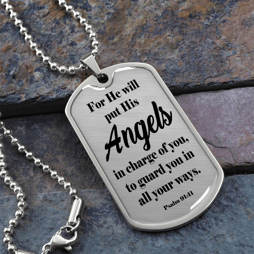 Angels Protect Psalm 91:11 Necklace Dog Tag Stainless Steel or 18k Gold w 24" Chain-Express Your Love Gifts