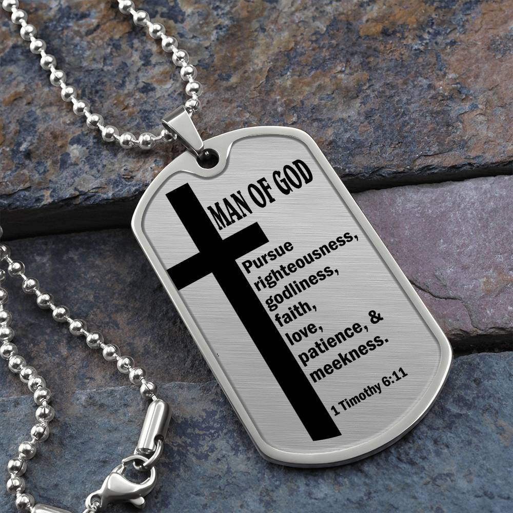 Man of God Pursuing 1 Timothy 6.11 Necklace Dog Tag Stainless Steel or 18k Gold w 24" Chain-Express Your Love Gifts