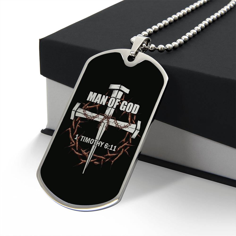 Man of God Cross Timothy Necklace Dog Tag Stainless Steel or 18k Gold w 24" Chain-Express Your Love Gifts