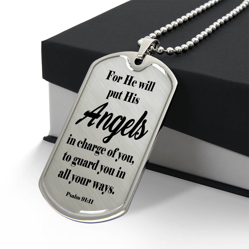 Angels Protect Psalm 91:11 Necklace Dog Tag Stainless Steel or 18k Gold w 24" Chain-Express Your Love Gifts