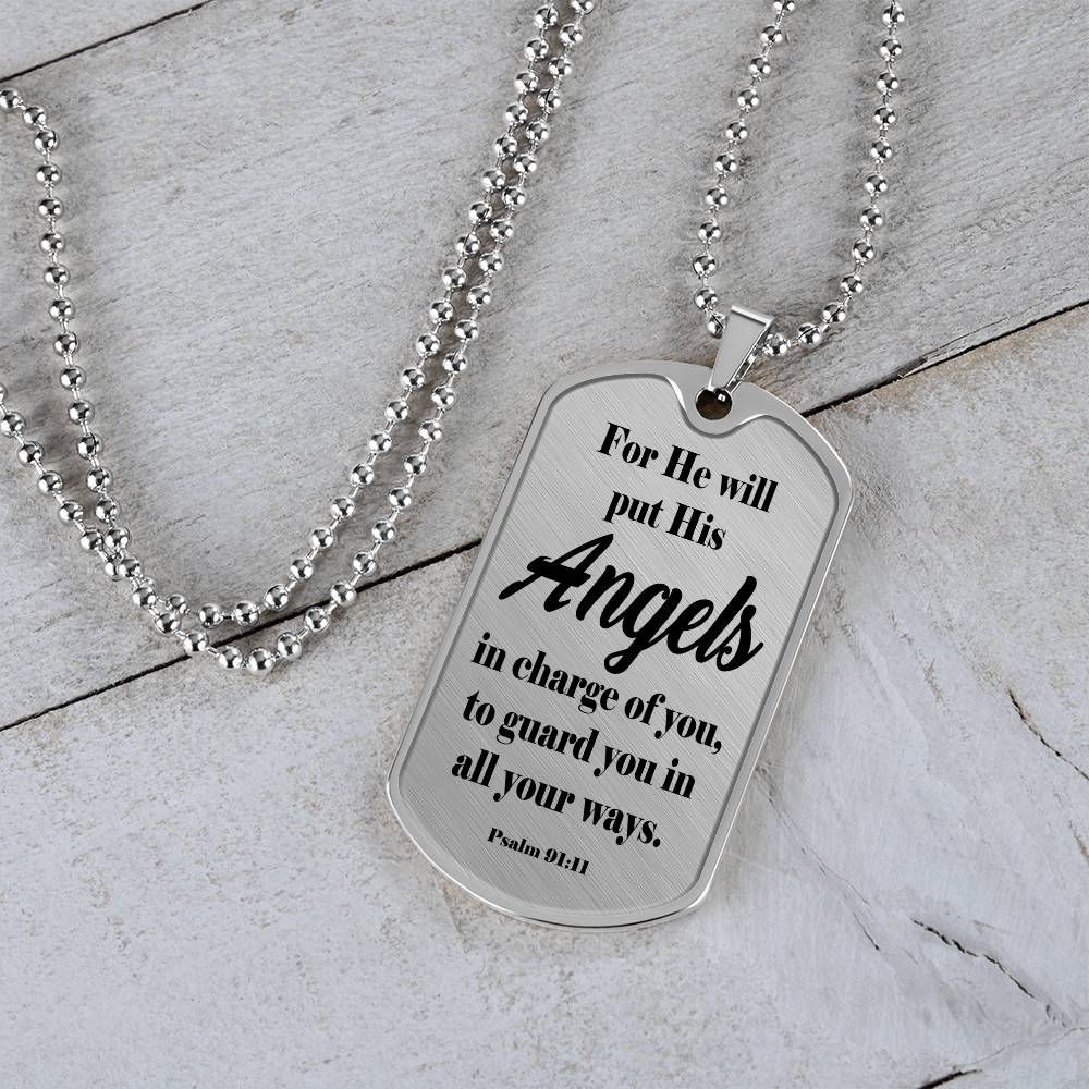 Angels Protect Psalm 91:11 Necklace Dog Tag Stainless Steel or 18k Gold w 24" Chain-Express Your Love Gifts