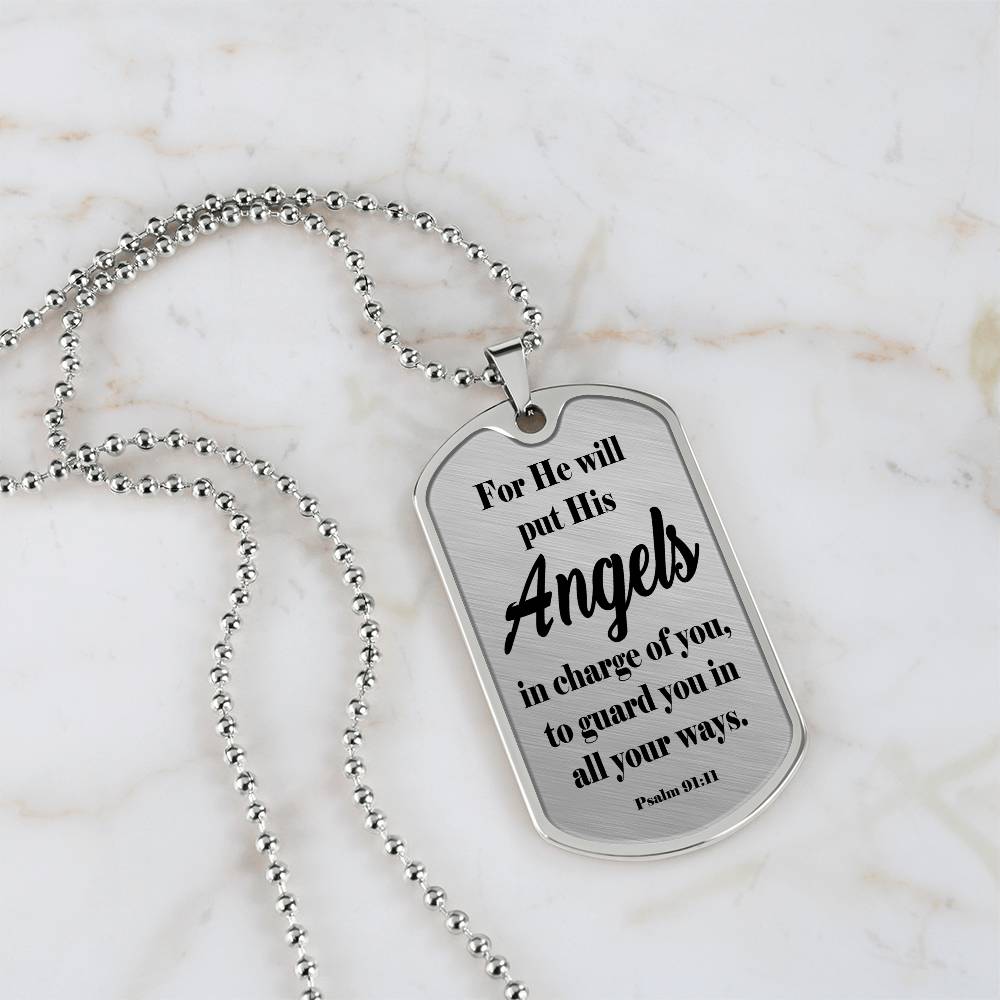 Angels Protect Psalm 91:11 Necklace Dog Tag Stainless Steel or 18k Gold w 24" Chain-Express Your Love Gifts