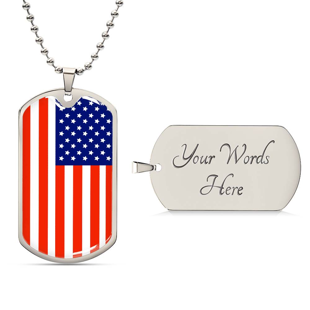 Country Pride Red, White and Blue Steel US Flag Stainless Steel Silver Tone or 18k Gold Military Dog Tag Necklace w 24" Ball Chain-Express Your Love Gifts