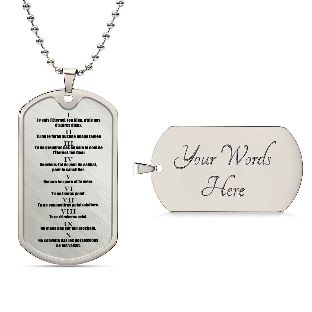 Ten Commandments French Necklace Dog Tag Stainless Steel or 18k Gold 24" Chain-Express Your Love Gifts