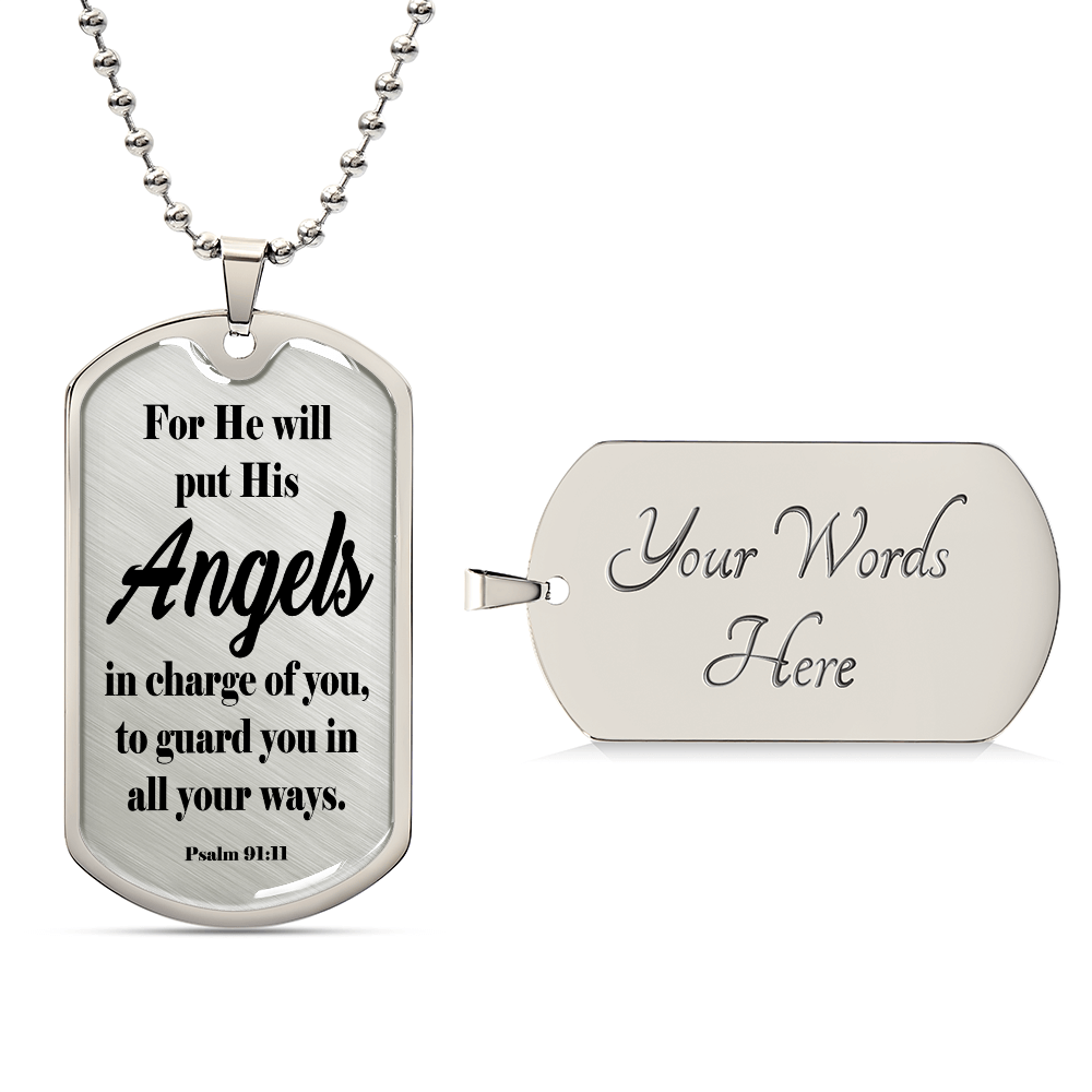 Angels Protect Psalm 91:11 Necklace Dog Tag Stainless Steel or 18k Gold w 24" Chain-Express Your Love Gifts