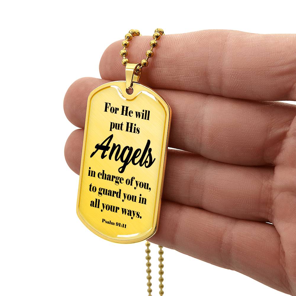 Angels Protect Psalm 91:11 Necklace Dog Tag Stainless Steel or 18k Gold w 24" Chain-Express Your Love Gifts