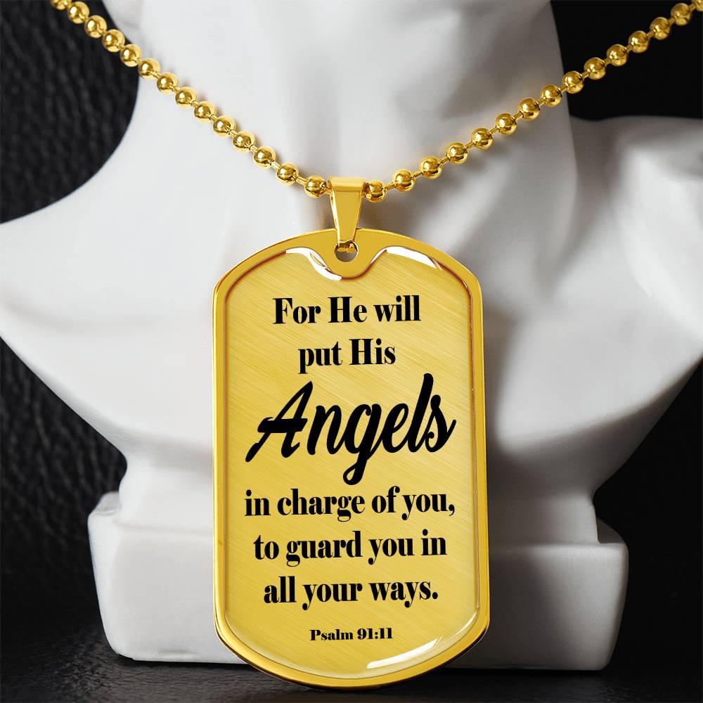 Angels Protect Psalm 91:11 Necklace Dog Tag Stainless Steel or 18k Gold w 24" Chain-Express Your Love Gifts