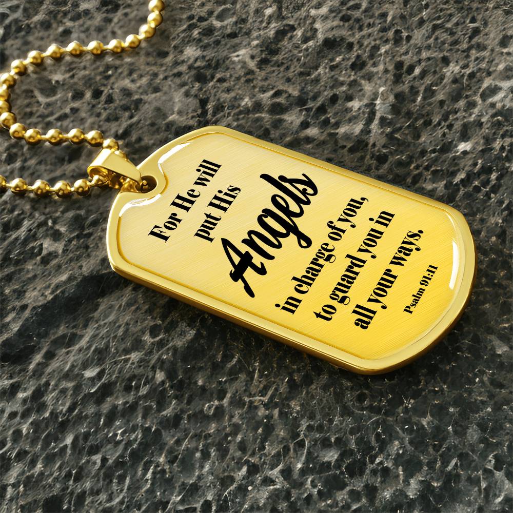 Angels Protect Psalm 91:11 Necklace Dog Tag Stainless Steel or 18k Gold w 24" Chain-Express Your Love Gifts