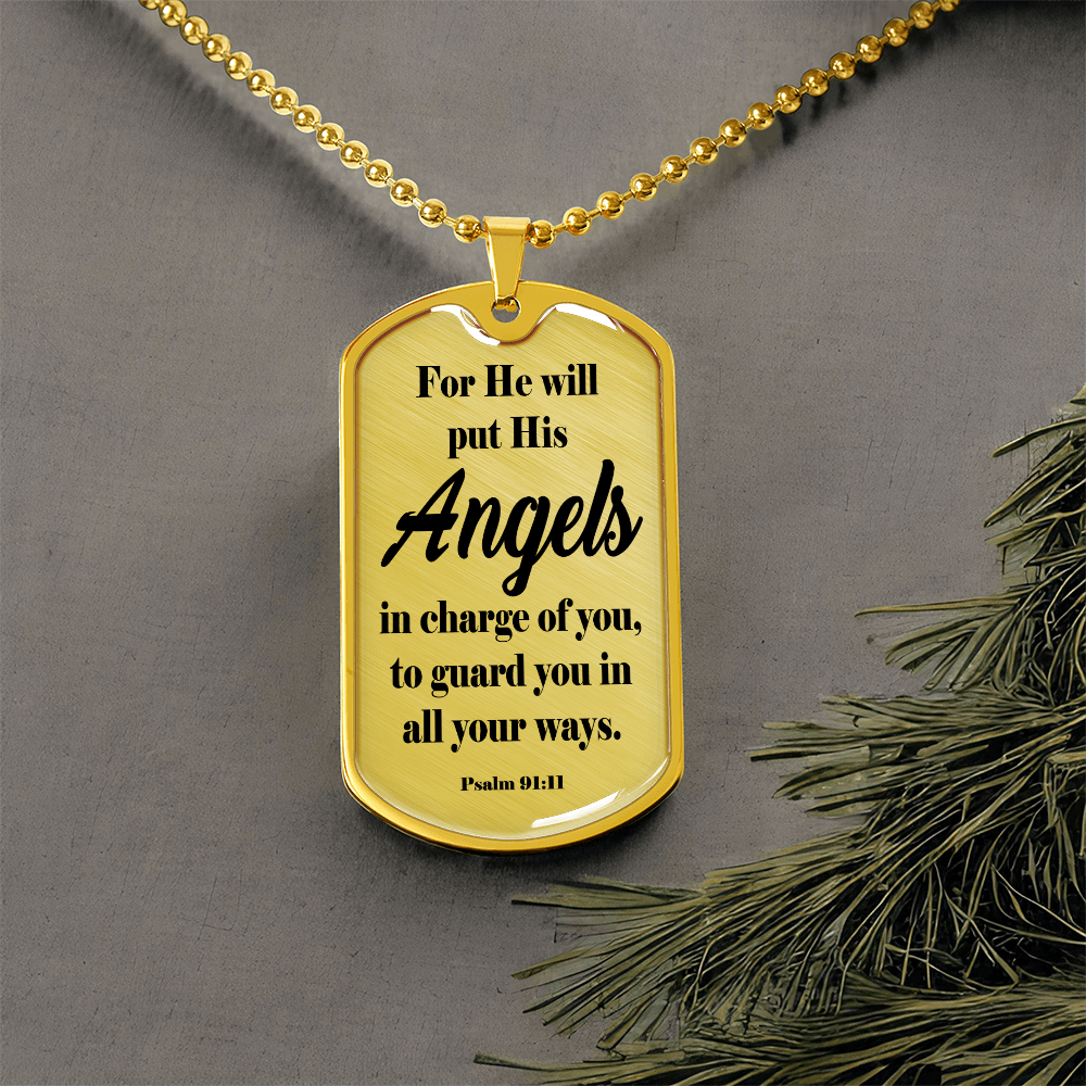 Angels Protect Psalm 91:11 Necklace Dog Tag Stainless Steel or 18k Gold w 24" Chain-Express Your Love Gifts