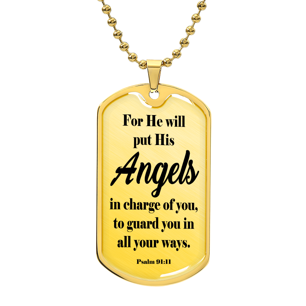 Angels Protect Psalm 91:11 Necklace Dog Tag Stainless Steel or 18k Gold w 24" Chain-Express Your Love Gifts