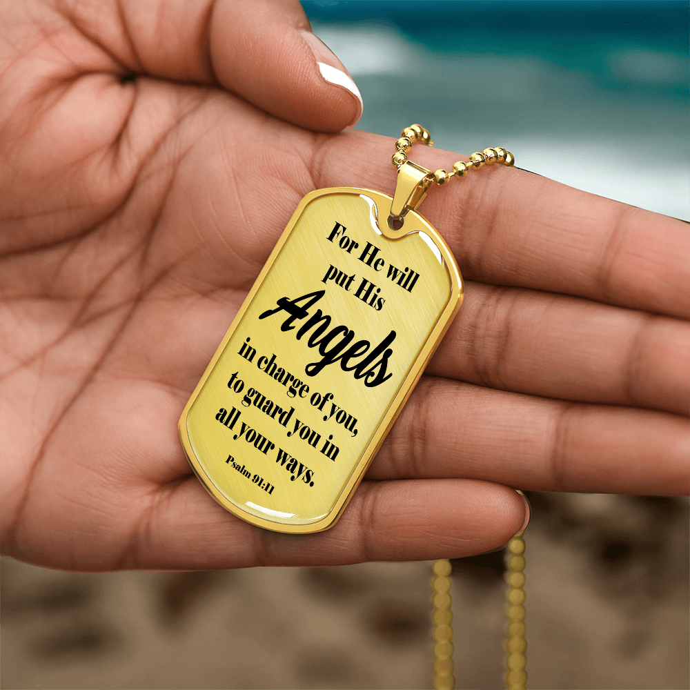 Angels Protect Psalm 91:11 Necklace Dog Tag Stainless Steel or 18k Gold w 24" Chain-Express Your Love Gifts