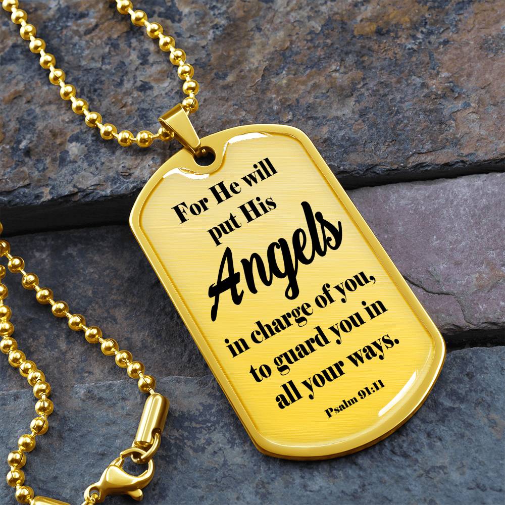 Angels Protect Psalm 91:11 Necklace Dog Tag Stainless Steel or 18k Gold w 24" Chain-Express Your Love Gifts