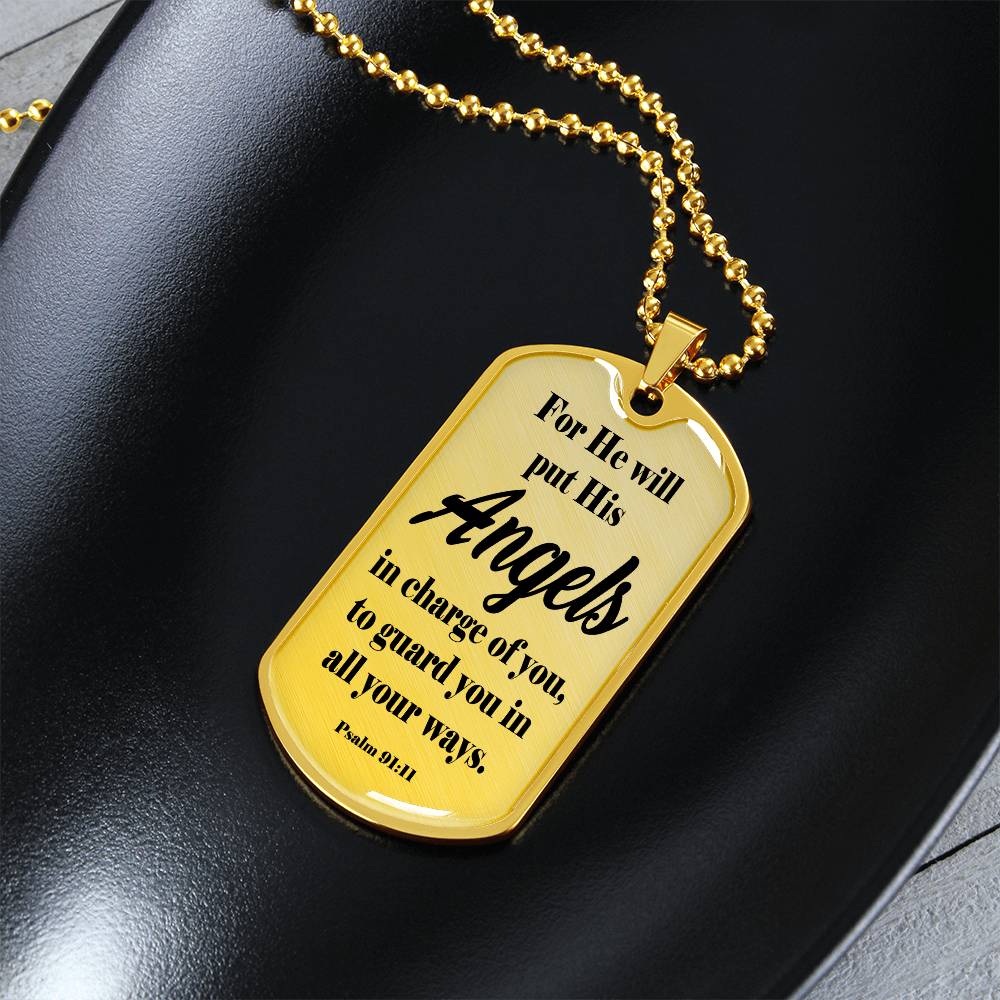 Angels Protect Psalm 91:11 Necklace Dog Tag Stainless Steel or 18k Gold w 24" Chain-Express Your Love Gifts